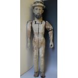 ANTIQUE CARVED WOODEN MANNEQUIN OF A BEARDED MAN WEARING A STRAW BOATER A/F, H 65 cm