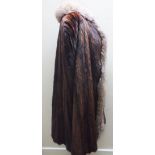 A VINTAGE LADIES RICH MAHOGANY BROWN REAL FUR CAPE, with contrasting fox fur trim, fully