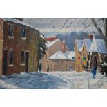 DAVID NOBLE. Impressionist winter village scene with figures 'Winter 1979, High St. Dronfield',