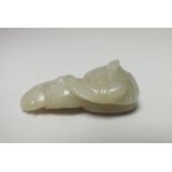 A CHINESE CELADON JADE DOUBLE FRUITING GOURD, finely carved detail depicting fruiting gourds upon