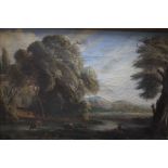 A MOUNTAINOUS WOODED RIVER LANDSCAPE WITH FIGURE, CATTLE AND BUILDINGS, signed with monogram and