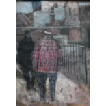 TWENTIETH CENTURY NORTHERN INDUSTRIAL TOWN SCENE, with figures by railings, unsigned, mixed media on