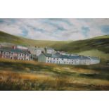 CERI BARCLAY. Impressionist Welsh landscape with row of cottages 'Terrace Road. Blaengarw', see