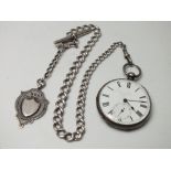 AN ANTIQUE SILVER OPEN FACED MANUAL WIND POCKET WATCH WITH SILVER ALBERT CHAIN, watch Dia. 4.5 cm,