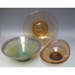 THREE 20TH CENTURY ART GLASS BOWLS, to include a WMF style example, largest Dia. 30 cm