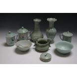 A COLLECTION OF TEN PIECES OF CHINESE TYPE CELADON CERAMICS, tallest 22 cm