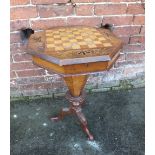 A VICTORIAN WALNUT TRUMPET SHAPED WORK TABLE, the hinged chequerboard top opening to reveal a