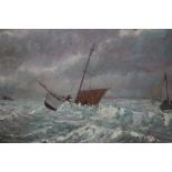 RENE DULIEU (1903-1992). An impressionist stormy landscape with sailing vessels and figures,