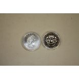 A MODERN SILVER £5 COIN TOGETHER WITH A SILVER £2 COIN
