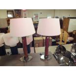 A PAIR OF MODERN TALL CHROME/LEATHER TABLE LAMPS AND SHADES H-85 CM (INC SHADE ) (2)