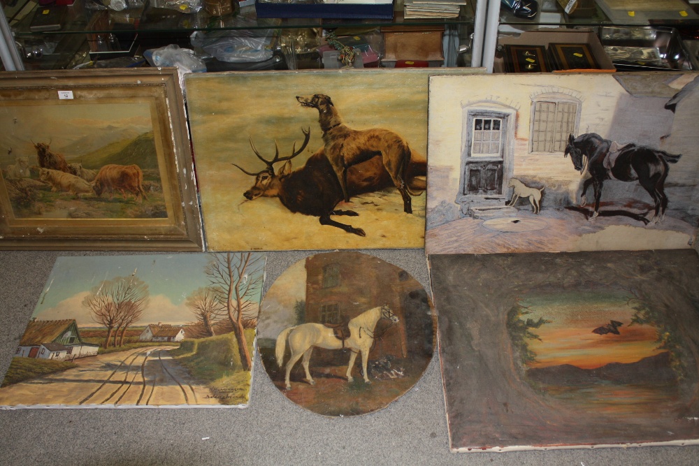 A COLLECTION OF ASSORTED VINTAGE PICTURES AND PRINTS TO INCLUDE AN OVAL OIL ON BOARD OF A HORSE