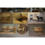 A COLLECTION OF ASSORTED VINTAGE PICTURES AND PRINTS TO INCLUDE AN OVAL OIL ON BOARD OF A HORSE