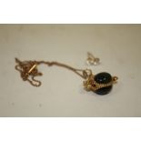 A 9CT GOLD POLISHED STONE SWIVEL FOB ON CHAIN TOGETHER WITH A PAIR OF EARRINGS