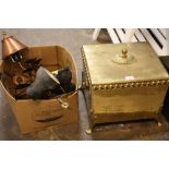 A VINTAGE BRASS COATED LIDDED COAL BOX TOGETHER WITH A BOX OF LAMPS ETC