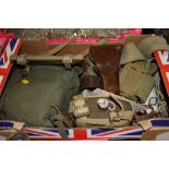 A TRAY OF MILITARIA TO INCLUDE SAM BROWN, WEBBING, LEATHER US HOLSTER ETC