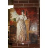 AN UNFRAMED OIL ON CANVAS OF A LADY LEANING AGAINST A POST