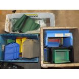 A QUANTITY OF PLASTIC TRAYS / BOXES TOGETHER WITH A BOX OF LIN BINS