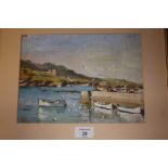 A FRAMED IMPRESSIONIST STUDY OF FISHING BOATS IN A HARBOUR