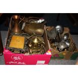 TWO BOXES OF ASSORTED METALWARE TO INCLUDE AN ORNATE BRASS PICTURE FRAME, COMPANION SET ETC.
