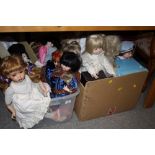 TWO BOXES OF VINTAGE AND MODERN PORCELAIN HEADED DOLLS TO INCLUDE HANDMADE / PAINTED EXAMPLES