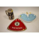 A BESWICK BABYCHAM CERAMIC ASHTRAY TOGETHER WITH A CARLTONWARE MACKESON EXAMPLE AND A BEER STEIN (
