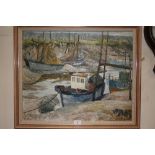 A FRAMED OIL ON BOARD DEPICTING BOAT BY A JETTY IN THE STYLE OF FRANK FORTY