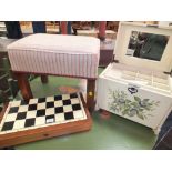 A WOODEN STOOL, DOMED PAINTED CASKET AND A GAMES BOARD (3)