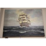 AN UNFRAMED OIL ON CANVAS OF A SCHOONER ON HIGH SEAS SIGNED H C HERMANS