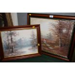 TWO FRAMED OIL ON CANVAS OF WOODED SCENES BOTH SIGNED LOWER RIGHT