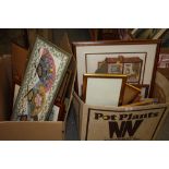TWO BOXES OF ASSORTED PICTURES PRINTS AND MIRRORS ETC