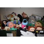 TWO TRAYS OF VINTAGE SOFT TOYS ETC. TO INCLUDE DISNEY EXAMPLES, BOXED RUN AROUND BABY ETC.
