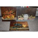 THREE UNFRAMED HERBERT OSWALD LUMBY STILL LIFE OIL ON BOARD OF FRUIT