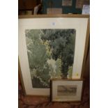 A FRAMED AND GLAZED WATERCOLOUR OF A WOODLAND SCENE TOGETHER WITH A WATERCOLOUR CHURCH IN A