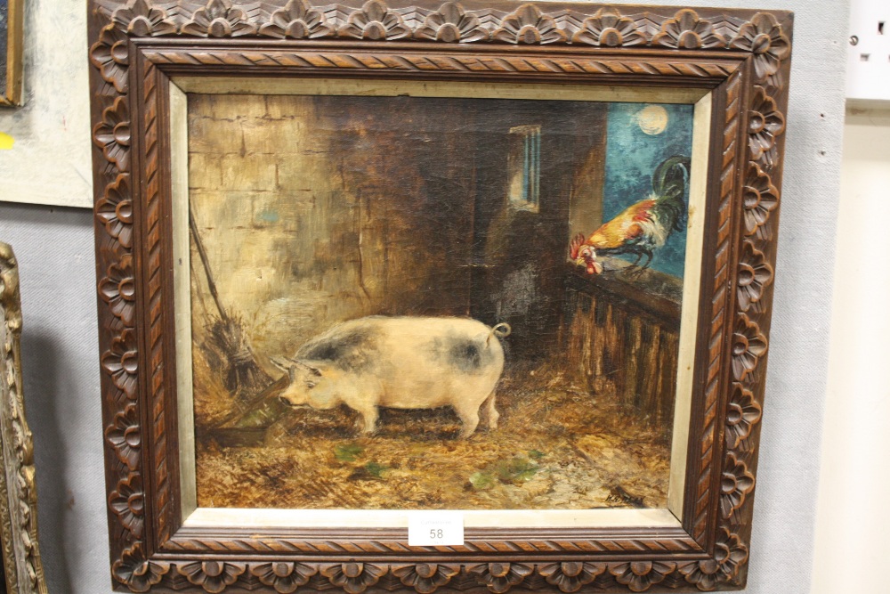 A VINTAGE OIL ON CANVAS DEPICTING A BARN INTERIOR SCENE WITH PIG AND COCKEREL SIGNED W. A DEAN