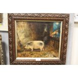 A VINTAGE OIL ON CANVAS DEPICTING A BARN INTERIOR SCENE WITH PIG AND COCKEREL SIGNED W. A DEAN
