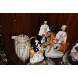 THREE VINTAGE STAFFORDSHIRE STYLE FLATBACK FIGURES TOGETHER WITH A GILDED COCO JUG