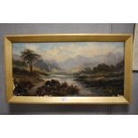 A GILT FRAMED OIL ON CANVAS OF A HIGHLAND LANDSCAPE INDISTINCTLY SIGNED LOWER LEFT, S/D