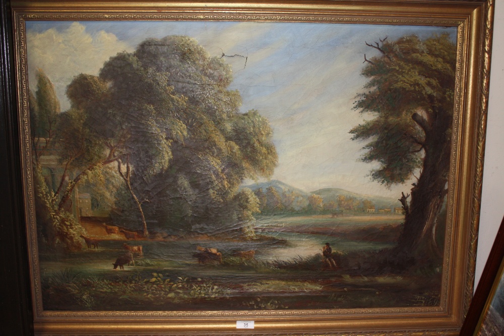 A MOUNTAINOUS WOODED RIVER LANDSCAPE WITH FIGURE, CATTLE AND BUILDINGS, signed with monogram and