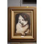A FRAMED OIL ON CANVAS OF A DOG LOOKING OUT OF A KENNEL SIGNED TOM PALMORE