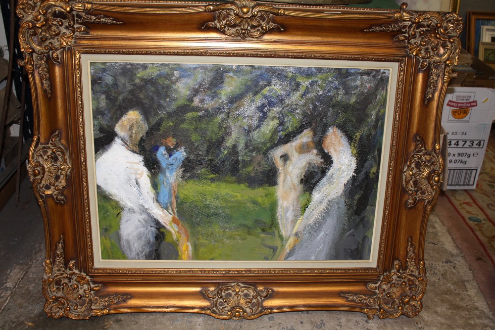 A LARGE GILT FRAMED SURREALIST OIL ON BOARD OF FIGURES IN AN OUTDOOR SETTING