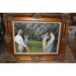 A LARGE GILT FRAMED SURREALIST OIL ON BOARD OF FIGURES IN AN OUTDOOR SETTING