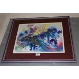 A FRAMED AND GLAZED MODERN MIXED MEDIA ABSTRACT ENTITLED THOR BY STELLA BROOKES