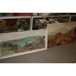 A LARGE FRAMED AND GLAZED COASTAL SCENE WATERCOLOUR BY MARGARET MORCOM TOGETHER WITH AN UNFRAMED