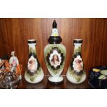 A VICTORIAN STYLE FROSTED GLASS THREE PIECE MANTEL GARNITURE WITH FEMALE FIGURATIVE DETAIL (3)