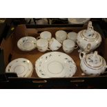 A TRAY OF VICTORIAN STYLE CHINA TOGETHER WITH A TRAY OF ASSORTED CERAMICS, TREEN FIGURES ETC.