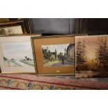 TWO FRAMED AND GLAZED WATERCOLOURS OF A WINDMILL BY P. DUTCHER AND A NORTHAMPSHIRE VILLAGE SCENE