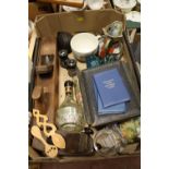 A TRAY OF ASSORTED COLLECTABLES TO INCLUDE VINTAGE BINOCULARS, PLANES ETC