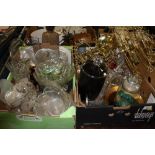 TWO TRAYS OF ASSORTED GLASSWARE, LIGHT FITTINGS ETC