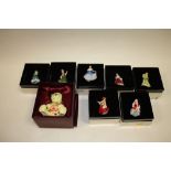 SEVEN BOXED ROYAL DOULTON MINIATURE LADIES TOGETHER WITH AN OLD TUPTON BEAR FIGURE