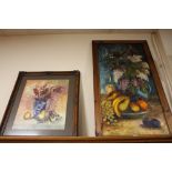 A LARGE FRAMED OIL ON CANVAS STILL LIFE STUDY OF FRUIT AND FLOWERS J PETTITT TOGETHER WITH A